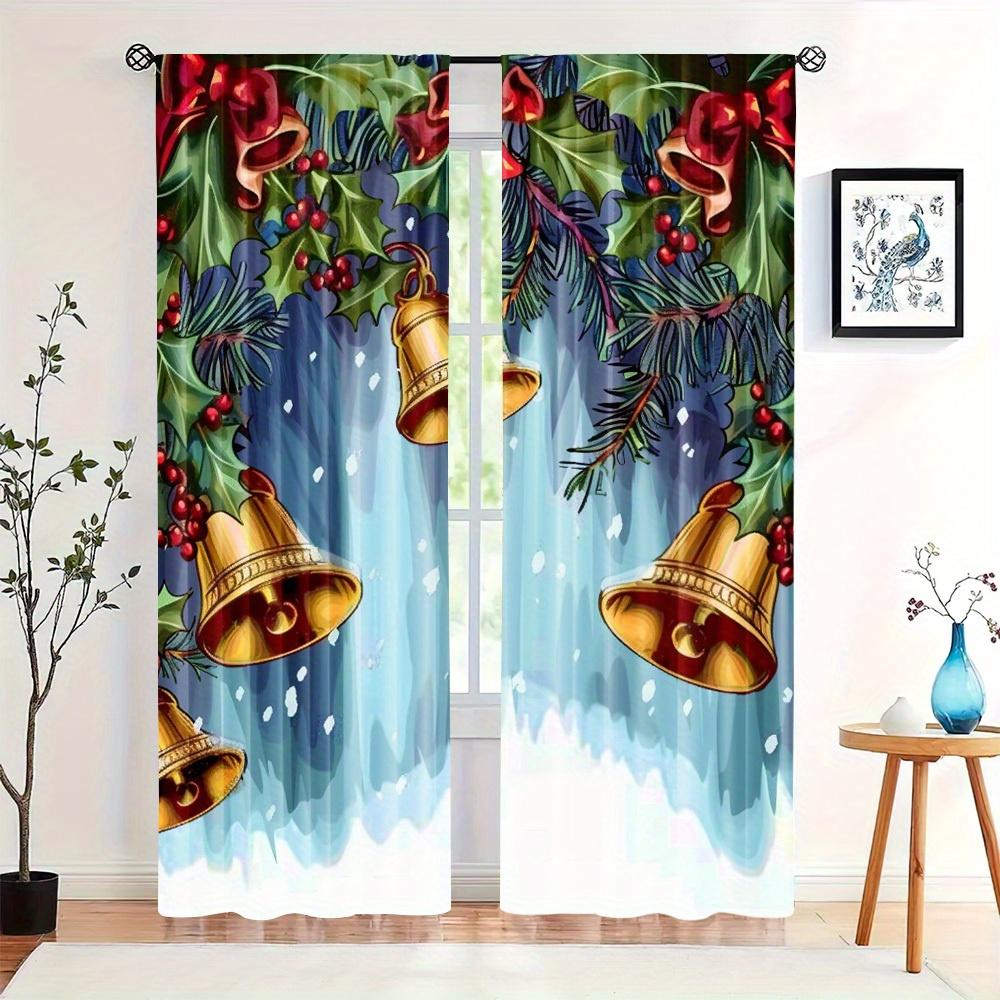 Christmas Bell Print Curtains Polyester Satin Artistic Classic Style Home Decor for Living Room and Bedroom Window Drapes 2pcs