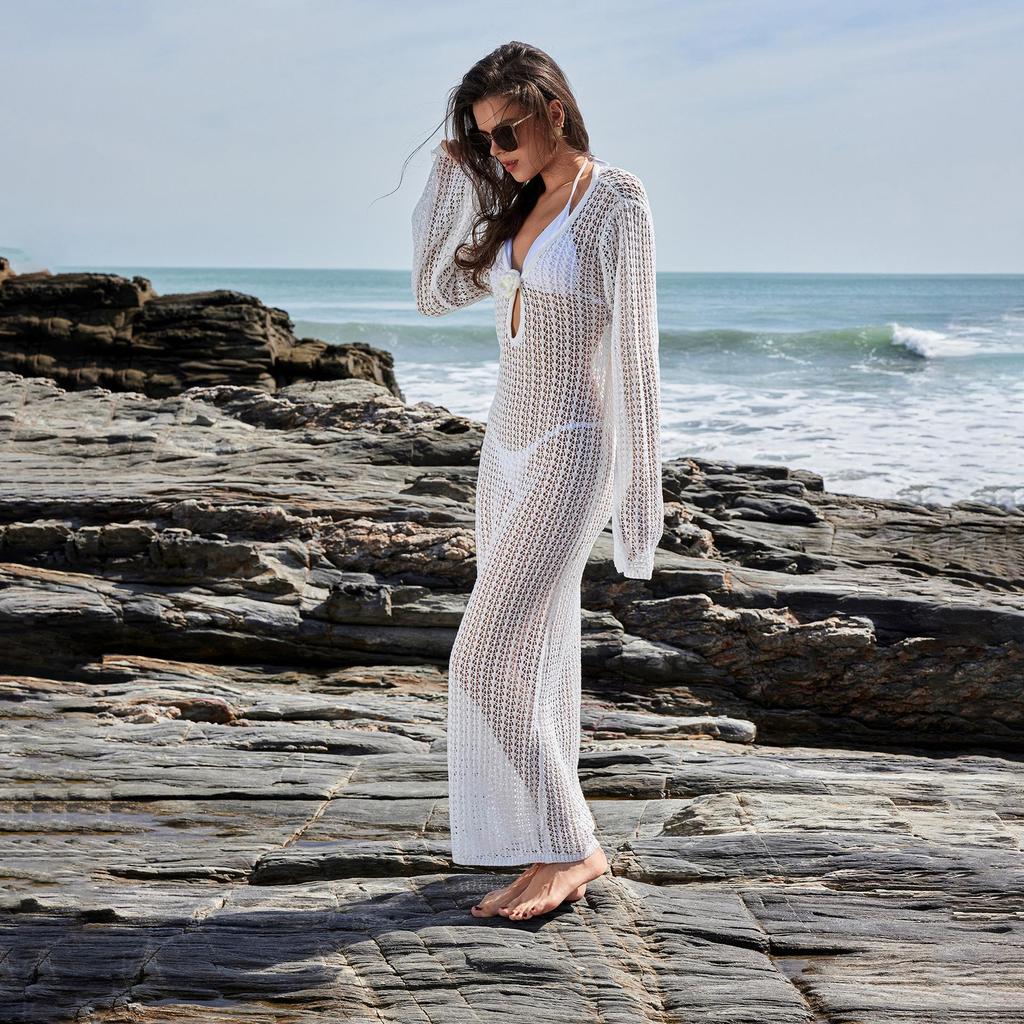 Copricostumi da donna Sexy senza schiena Maglia Maxi Abito da spiaggia Primavera Estate Scollo a V Elegante Blusa francese