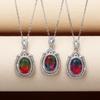 Silver Plated Oval Cut Rainbow CZ Pendant Necklace, Double Halo Cable Chain Necklace for Women