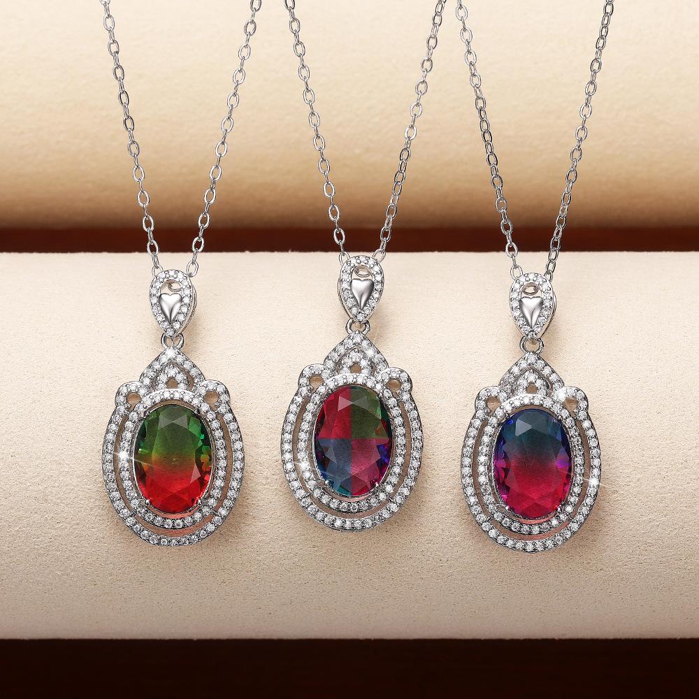 Silver Plated Oval Cut Rainbow CZ Pendant Necklace, Double Halo Cable Chain Necklace for Women