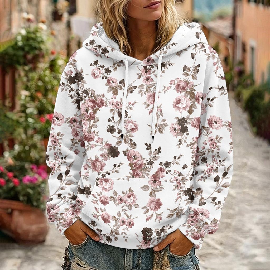 Women's Floral Print Long Sleeve Hoodie with Pocket and Casual Pullover Sweatshirt
