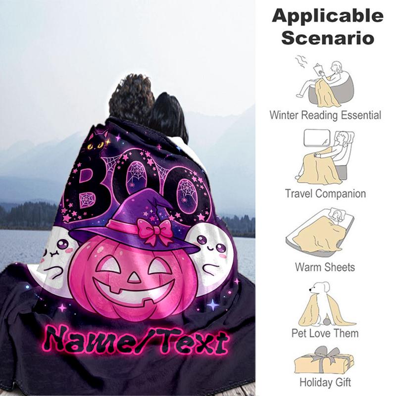 1PC Custom Name Halloween Boo Pumpkin Ghost Outdooor Flannel Blankets Throw Blanket All-Season Throw Gift Bedspread for Couch, Bed, Camping Holiday Bi