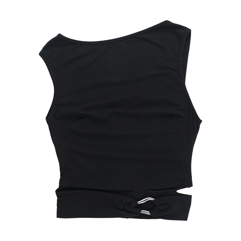 

Fashion Export New Arrival Cross-Border Summer round Neck Cut Out Vest Diagonal Collar Metal Buckle Sexy T-shirt Fashion Shirt Trendy Women Black L