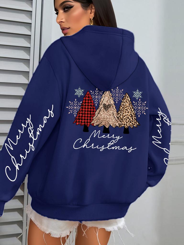 Merry Christmas Leopard Plaid Trees Pattern Hoodies Women Hip Hop Autumn Hoodie Pocket Loose Streetwear Fleece Y2K Pullovers