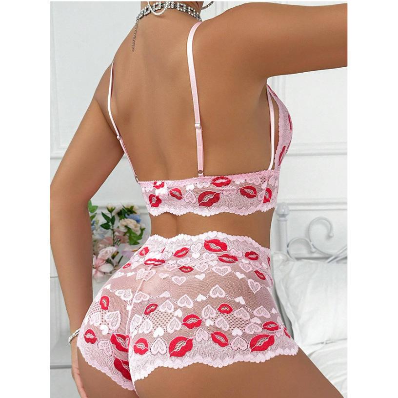 Mesh perspective sultry red lips love printing lace sexy erotic underwear seduction bra erotic set spot