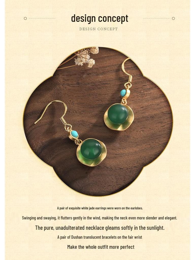 2021 New Chinese Style Gold Plated Chalcedony Agate Dangle Earrings for Women