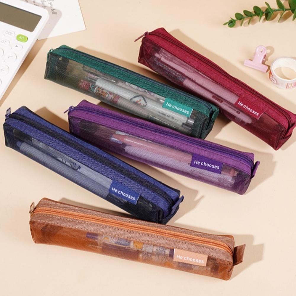 Nylon Mesh Transparent  Pen Case Girly Stationery Storage Pouch Simple Gauze Pen Case  School