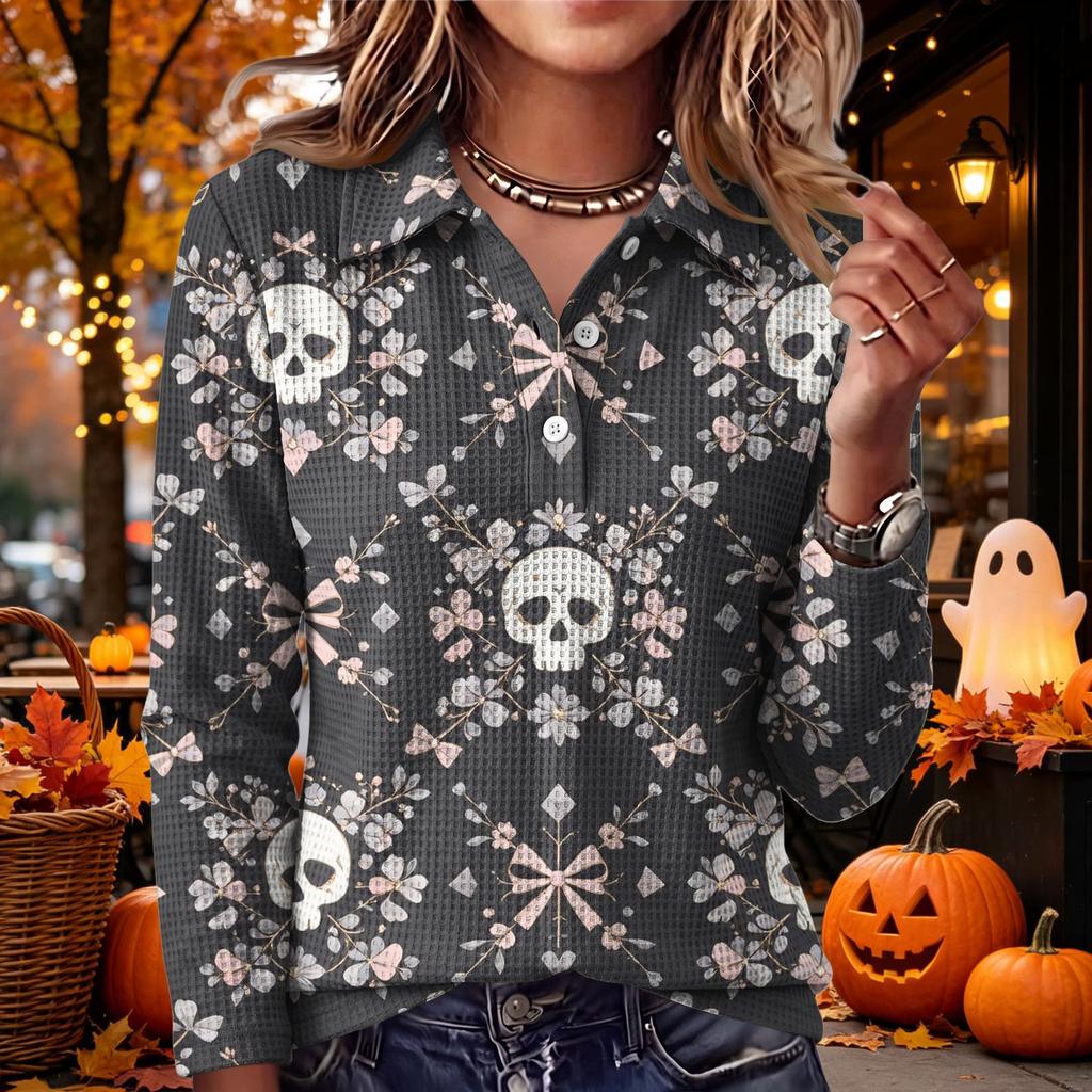 Women's Casual Long Sleeve Knit Top with Halloween Print and Turn-Down Collar