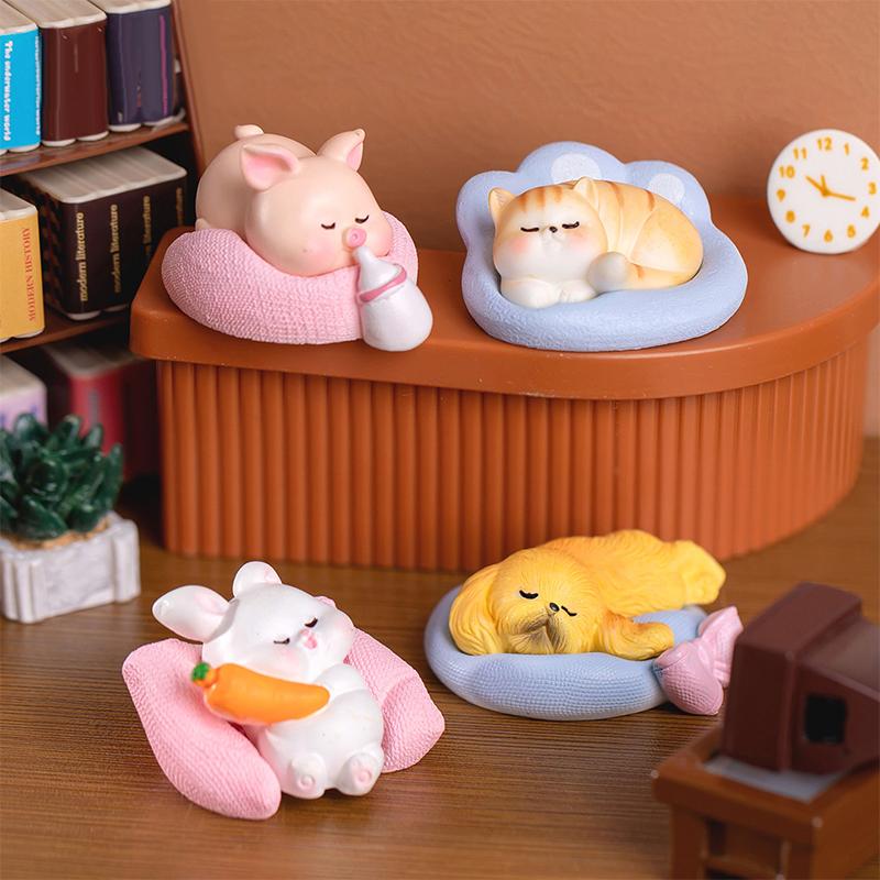 Mini Figurines Sleeping Cat Pig Rabbit Dog Resin Crafts Miniature Landscape Flower Pot Garden Ornaments Home Desktop Decoration