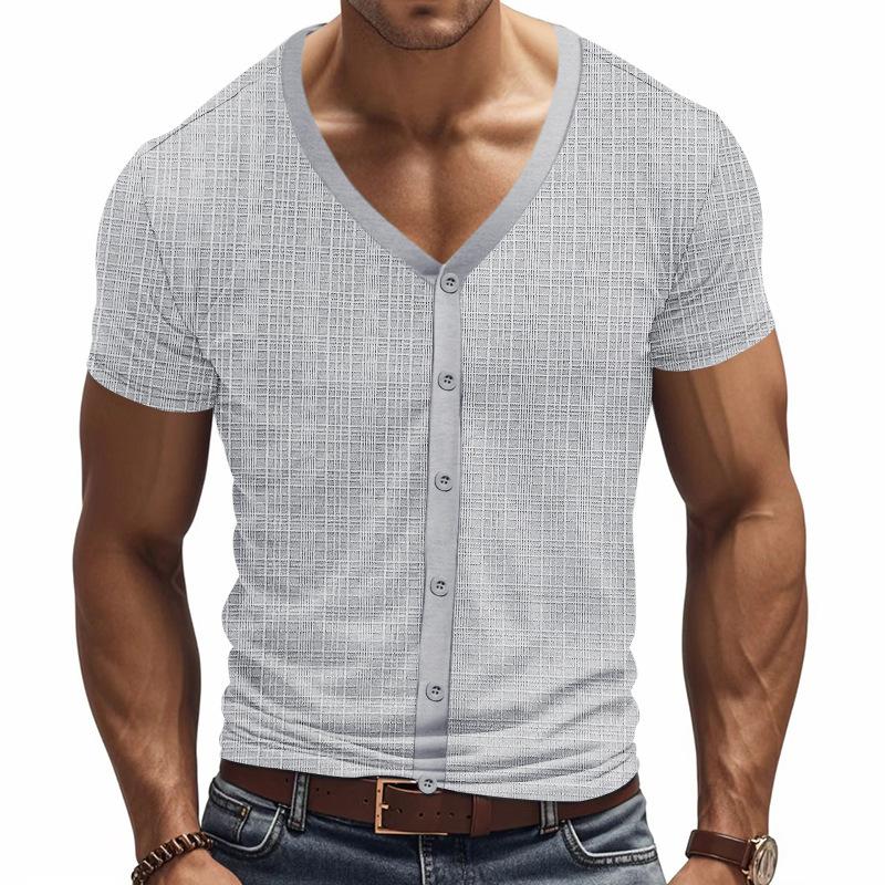 Imitation Mazhujun Summer Men's Casual Breathable Button V-neck Cardigan Short Sleeve Comfort T-shirt