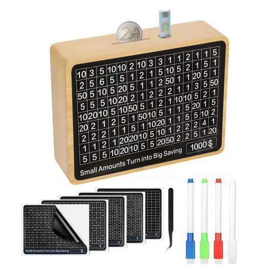 

Деревянная копилка с наклейкой с целевым номером, маркером-копилкой, большой емкостью, банкомат, контейнер для монет, детский контейнер золотистый