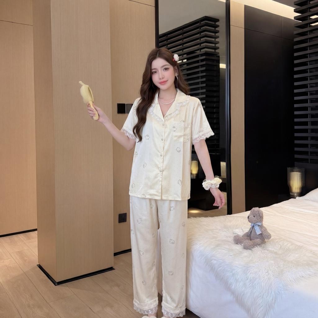 Summer new ice silk pajamas women's thin sweet short-sleeved high-end KT printed loungewear set can be worn outside