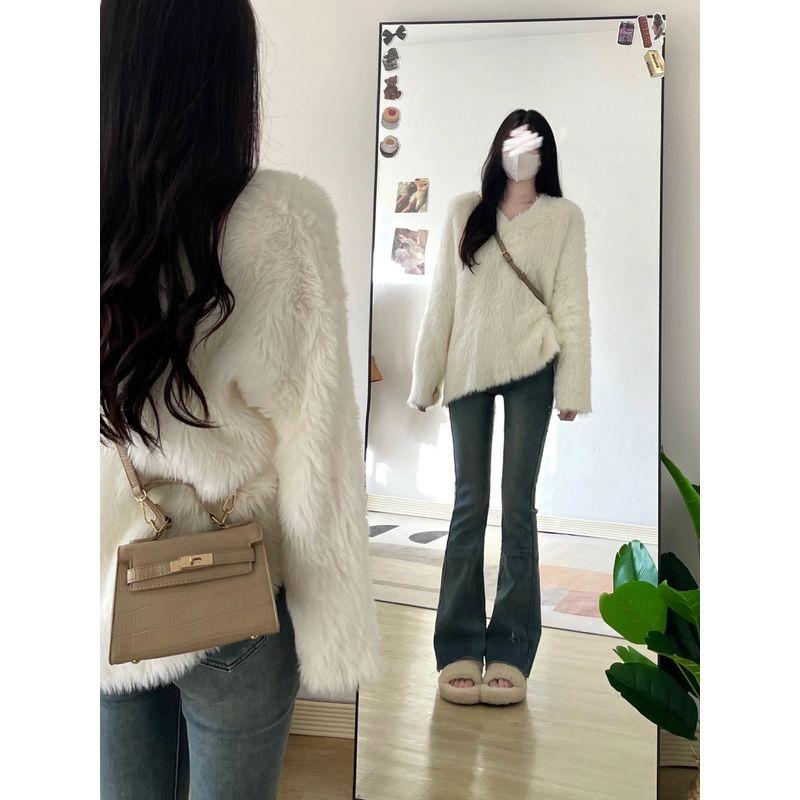 

Lazy White Velvet Sweater Outwear Niche Style Knitwear White XL