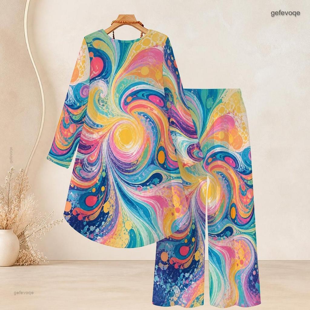 Women Plus Size Round Neck Long Sleeve Printed High Low Top Wide Leg Pants Two Piece Set Red Black