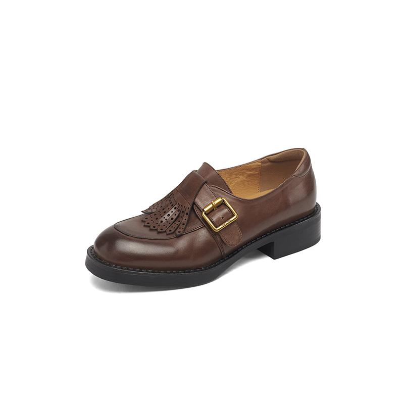 Fashion 2025 New Vintage Women Pumps Genuine Leather Round Toe Retro Style Belt Buckle Shoes Woman Spring Summer Basic Office Lady Pumps