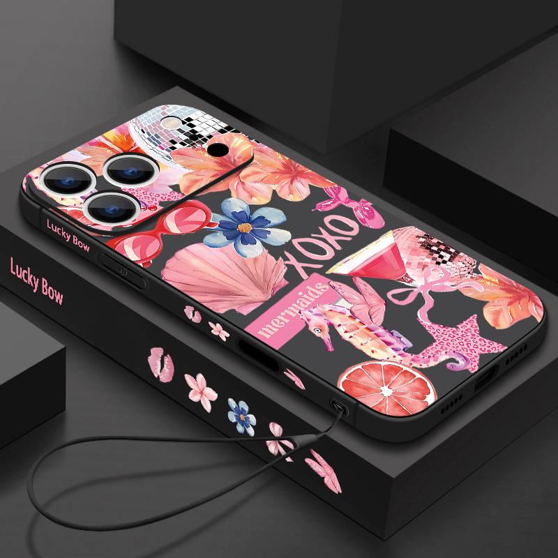 For iPhone 17 Pro Max Case Pink Cartoon Floral Pattern Soft Silicone Lanyard Cover For iPhone 16 Pro Max Cover iPhone 15 14 13 12 11 16E Air