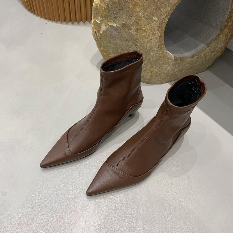 Fashion SUOJIALUN Winter New Thin Low Heel Women Ankle Boots Fashion Pointed Toe Slip On Chelsea Boots Shoes Soft Leather Short Boots