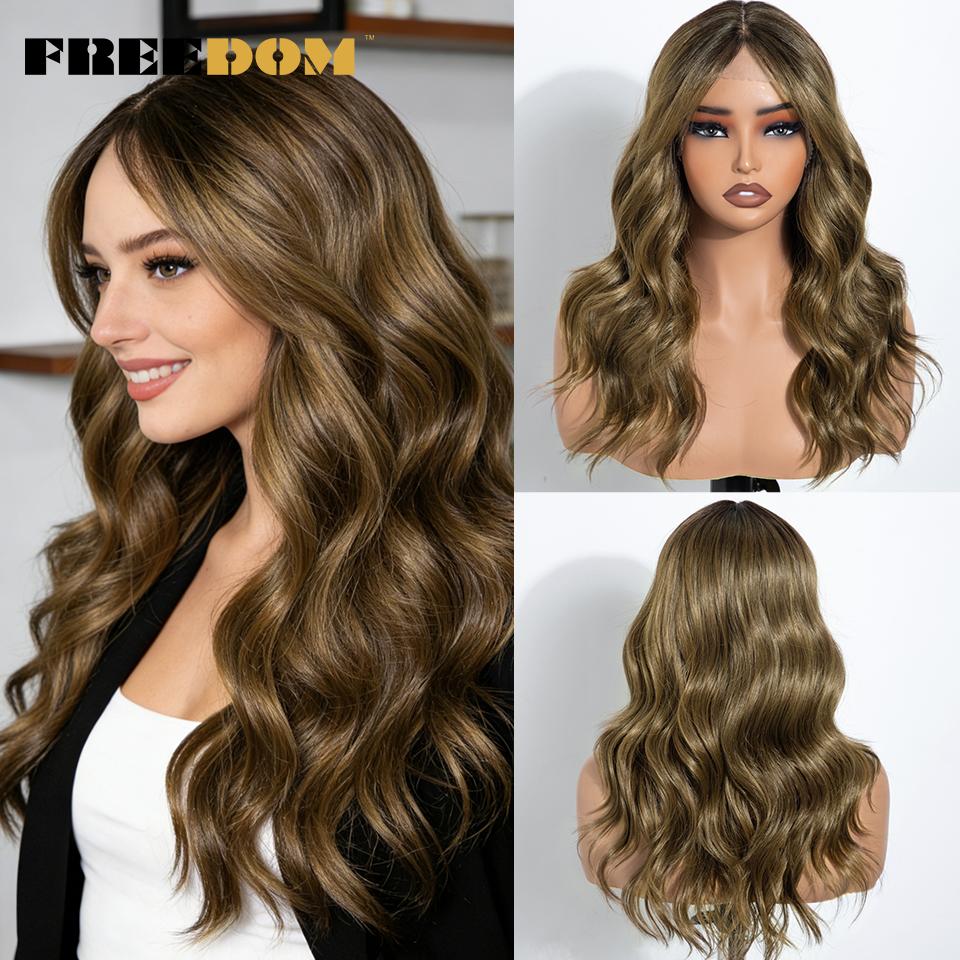 

FREEDOM Body Wave Synthetic Lace Front Wigs For Women Ombre Brown Blonde 18 Inch Lace Wig With Bangs Heat Resistant Cosplay Wig (as the picture,18inches)