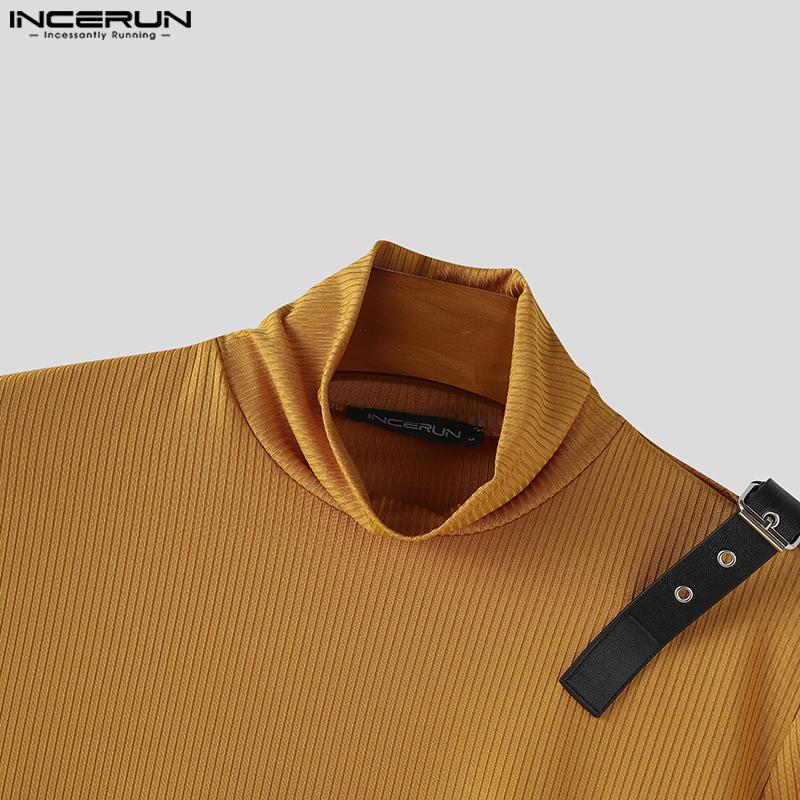 INCERUN Men's High Neck Patchwork Long Sleeve Splits Irregular Rib T-shirts Undershirts