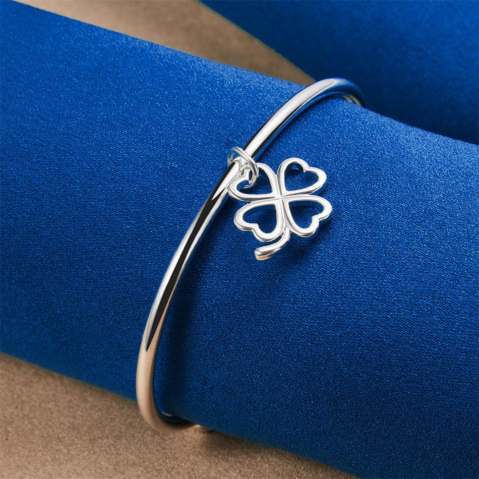 Elegant 925 Sterling Silver Delicate Four-Leaf Clover Open Bangle for Women, Fashionable Wedding Party Accessories