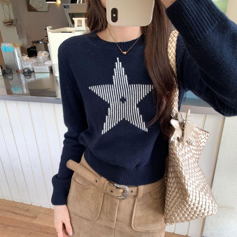 Kumikumi Sweet Style XINGX Print Round Neck Temperament Long Sleeve Knitwear Women's Clothing Autumn Loose All-Matching Top