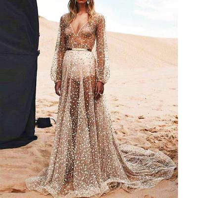Popular Women's Clothing European and American Small Dresses, Mesh Sparkling Long Sexy Nightclub Dresses for Women