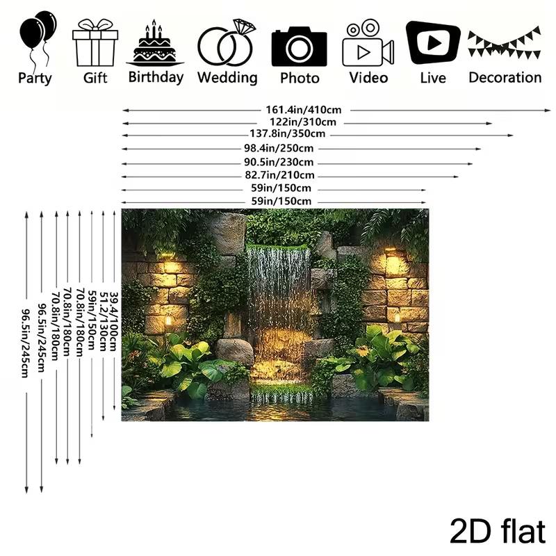 2D Lush Green Waterfall with Stone Wall Background for Photoshoot