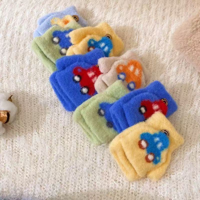 2025 New Children's Gloves Autumn and Winter Flip Baby Cute Cartoon Car Finger Gloves Students Cold