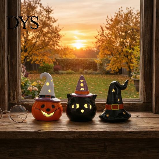 Ceramic Ghost Pumpkin Light Halloween Tealight Holder, Lighted Figurine with Indoor Party Atmosphere Lamp Witch Hat, Tiered Tray Tabletop Decor