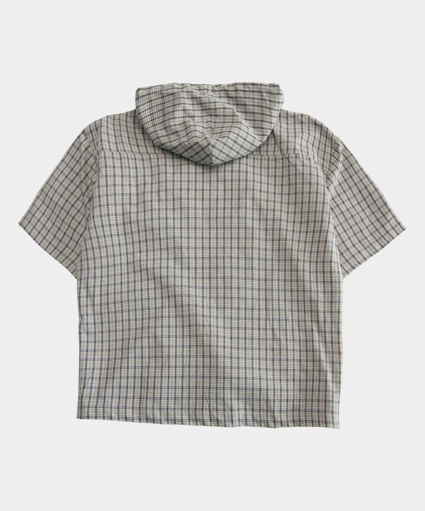 SOMEPLACE MAN Tartan Check Pocket Zipper Point String Hoodie Short Sleeve Semi-Crop Hoodie Shirt [Beige]