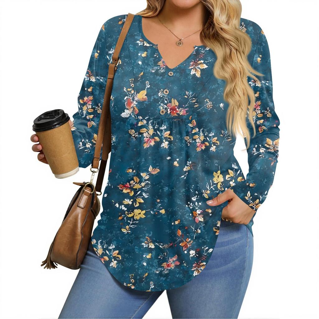 Womens Plus Size Long Sleeve Shirts  V Neck Tunic Tops Basic Loose Fit Tee Tops