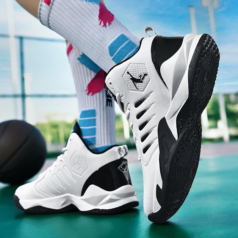 Pánské basketbalové boty Putian středního střihu: Protiskluzové, Tlumící nárazy, Kožené, Trendy, Ležérní sportovní boty pro studenty středních škol.