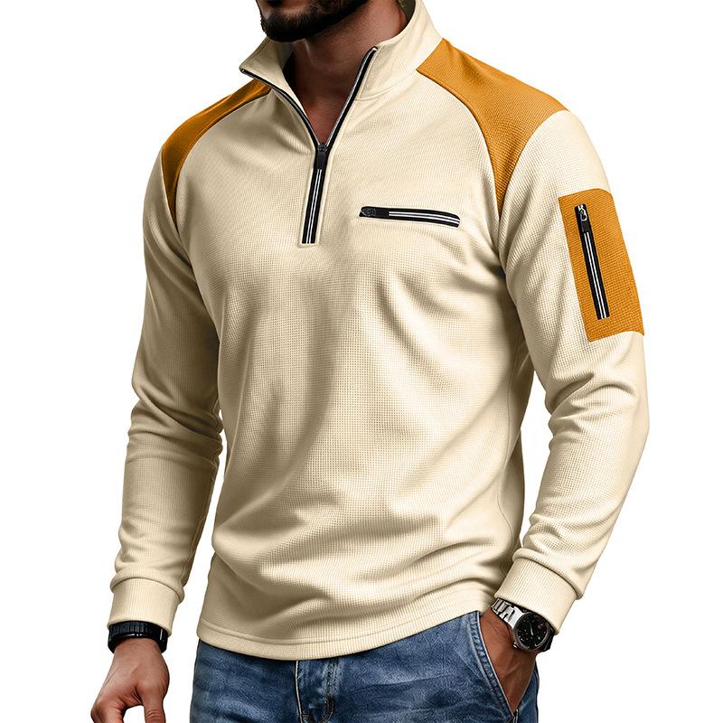 Men Waffle Knit Sweatshirt Quarter Zip Stand Collar Pullover Color Block Long Sleeve Tops Casual Streetwear Hoodie