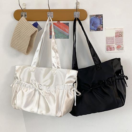 Women Wrinkled Shoulder Bag Glossy Tote Bag with Bows Large Capacity Handbag Purse for Daily Outings Street Commuting Parties Date