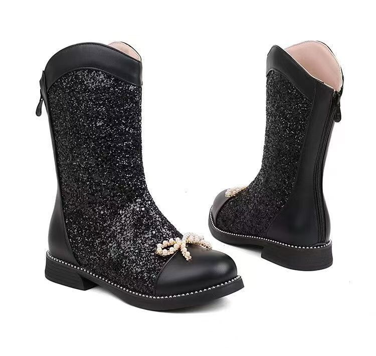 

Girls Knee High Riding Boots Solid Color Glitter Leather Boot AutumnWinter Sequin WesternCowboy Boots Low Heel Comfortable Shoes 26 чорний