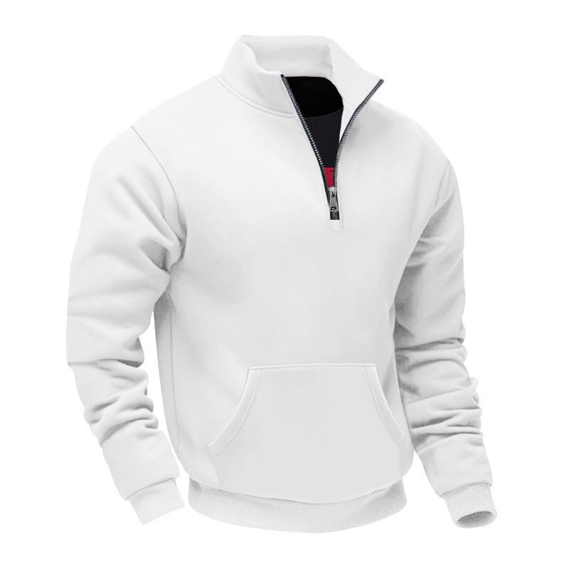 Autumn/Winter Fleece-Lined Heavyweight Men's Oversized Vintage-Style Casual Stand-Up Collar Half-Zip Commuter Hoodie with Pockets