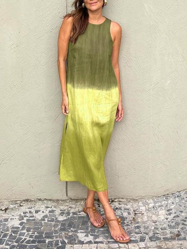 European and American summer cotton and linen round neck sleeveless gradual change dress casual women color matching straight slit