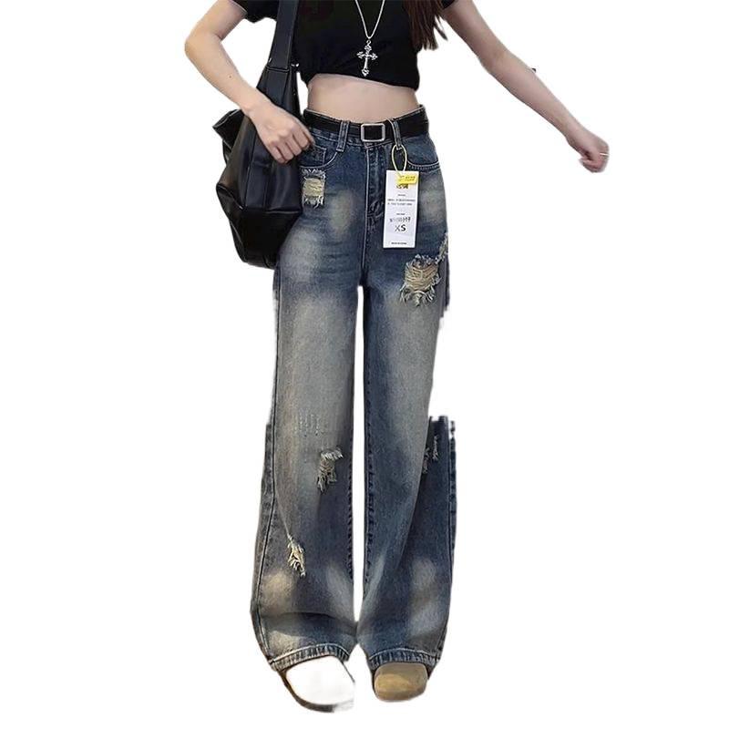 Petite High-Waisted Wide-Leg Ripped Retro Summer Jeans for Women - Floor-Length, Loose, Straight Fit