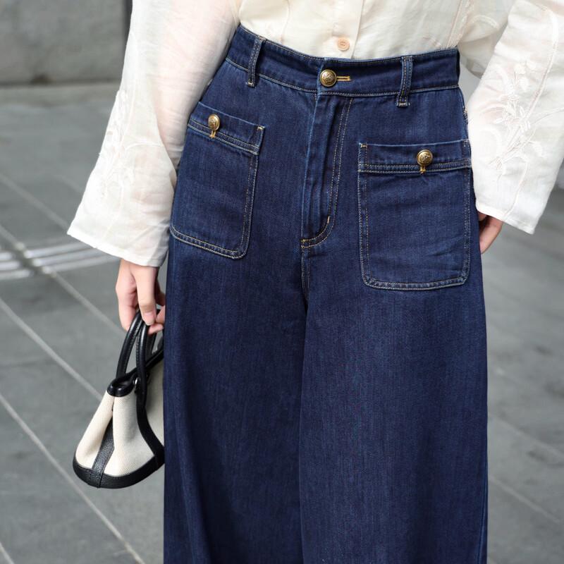 Women's High-Waisted Loose Straight Pure Cotton Denim Wide-Leg Pants