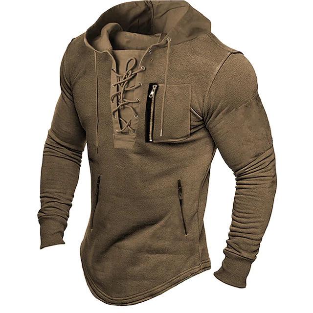 2024 Men's Solid Color Lace-Up Zipper Pocket Hoodie - Spring/Autumn Sports Streetwear