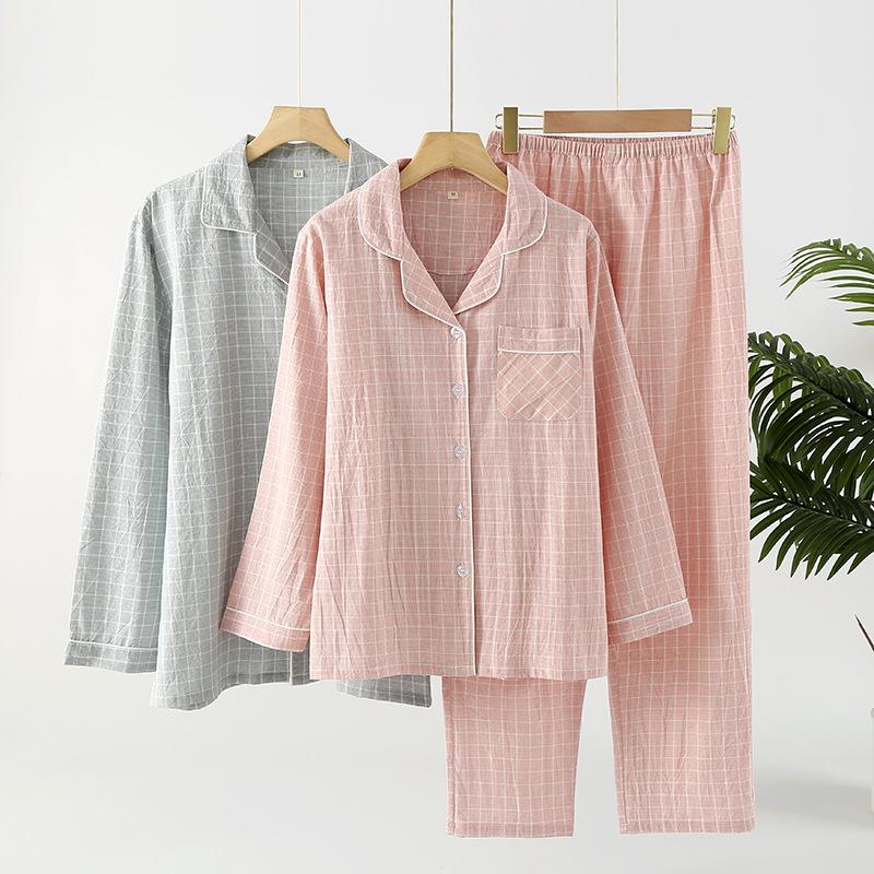 Pigiama da coppia, set da due pezzi, pantaloni a maniche lunghe in cotone, semplice stampa a quadri, pigiama da donna e da uomo, abbigliamento da casa, pigiameria