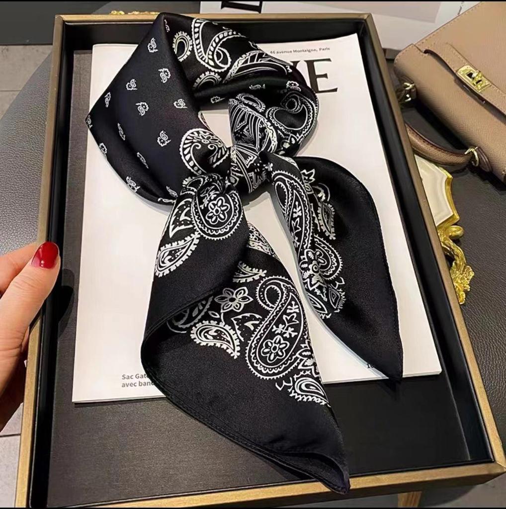 Silk Black & White Striped Square Scarf: Korean Retro Print Neckerchief, Spring/Summer Thin Decorative Headscarf.