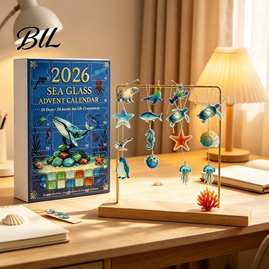 Hanging Ornaments for Tree Sea Life Advent Calendar 2026, 2D Christmas Countdown Box with Acrylic Decorations Ocean Animal Pendants, Festive