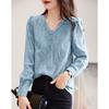 Elegante Blusa Primaverile Donna Retro Scollo a V Manica Lunga Legatura in Vita Rosso Cinese Camicia Sottile