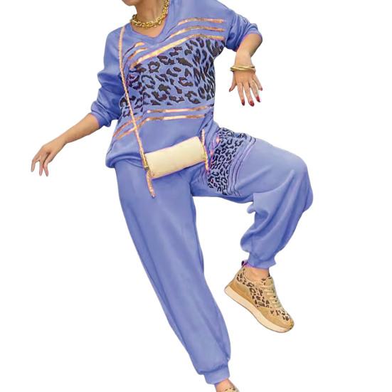 2 Pezzi/Set Abbigliamento Casual da Donna Set Top Pantaloni Scollo a V Maniche Lunghe Felpa Stampa Leopardo Bronzata Pantaloni Sportivi Vita Elastica Outfit Sportivo Autunno
