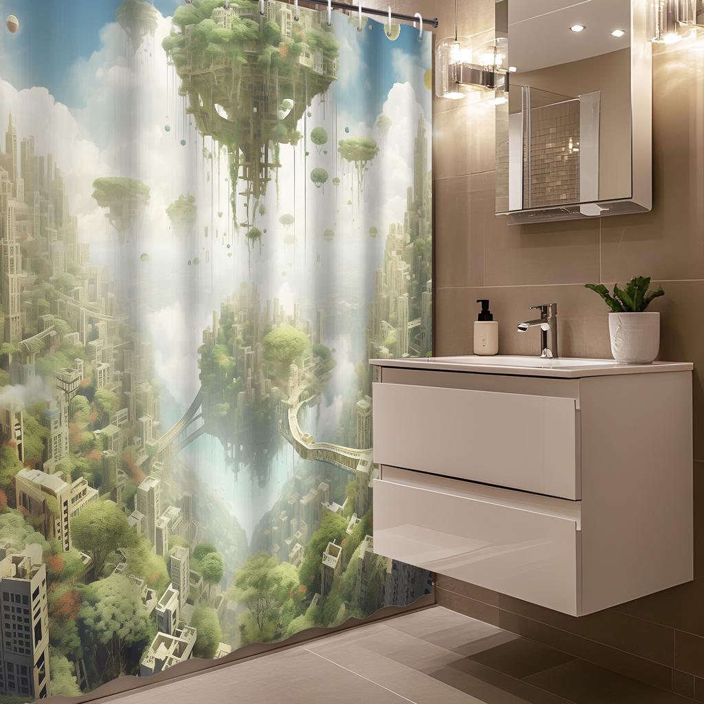 Cartoon Green Forest Mobile Castle Shower Curtain, 12 Hooks, Polyester Fabric for Bath & Shower Decor