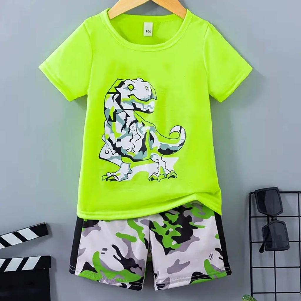 Boys Cartoon Dinosaur Short Sleeve T Shirt and Camouflage Shorts Set Summer Casual Outfit Lightweight Comfortable Fabric