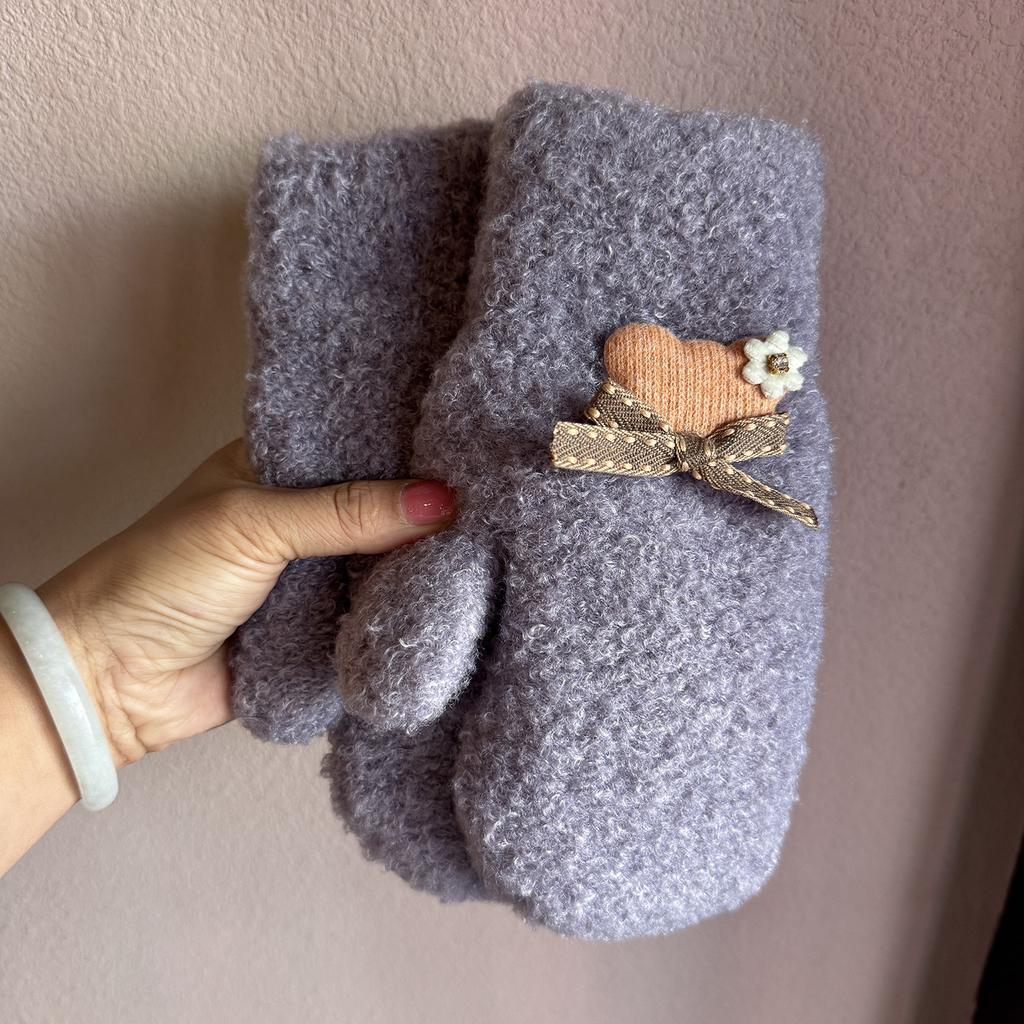 Cute Plush Mittens Fashion Winter Warm Full Fingers Gloves Sweety Bow Women Outdoor Thicken Knitted Windproof Gloves Girls Gift