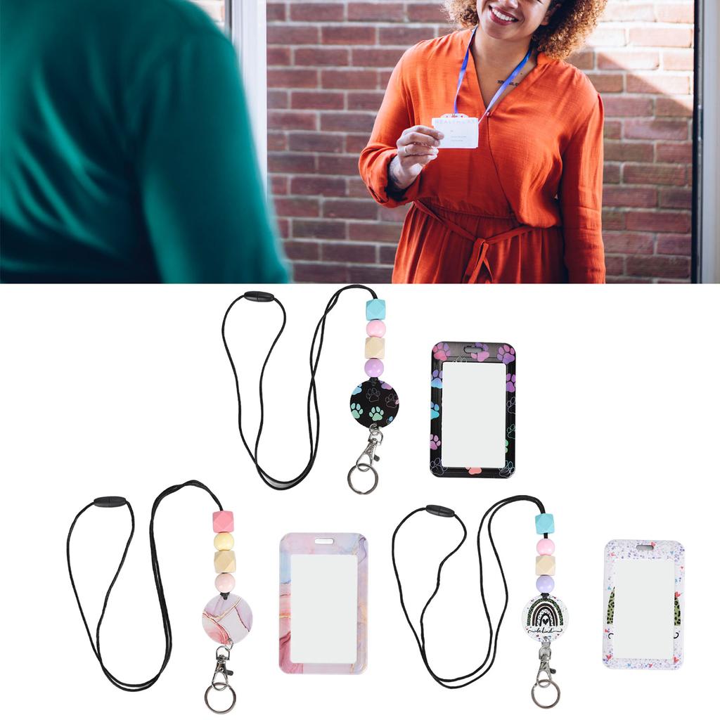 Perlen-Schlüsselband mit Ausweishalter, tragbares Schlüsselband für Lehrer, für Ausweiskarten, einziehbares Perlen-Schlüsselband