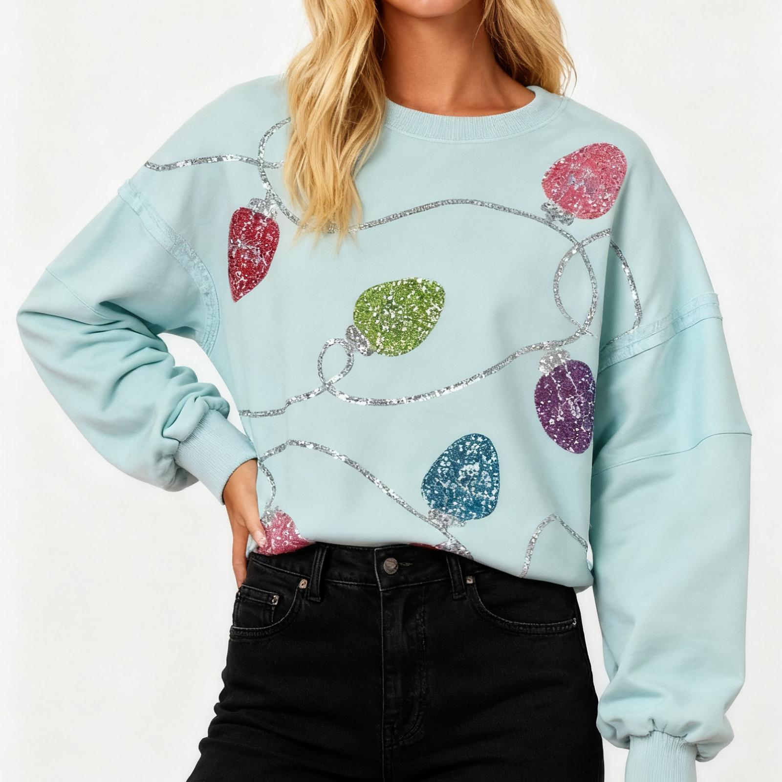 

Женский свободный удобный повседневный модный свитшот с рождественским принтом с блестками S